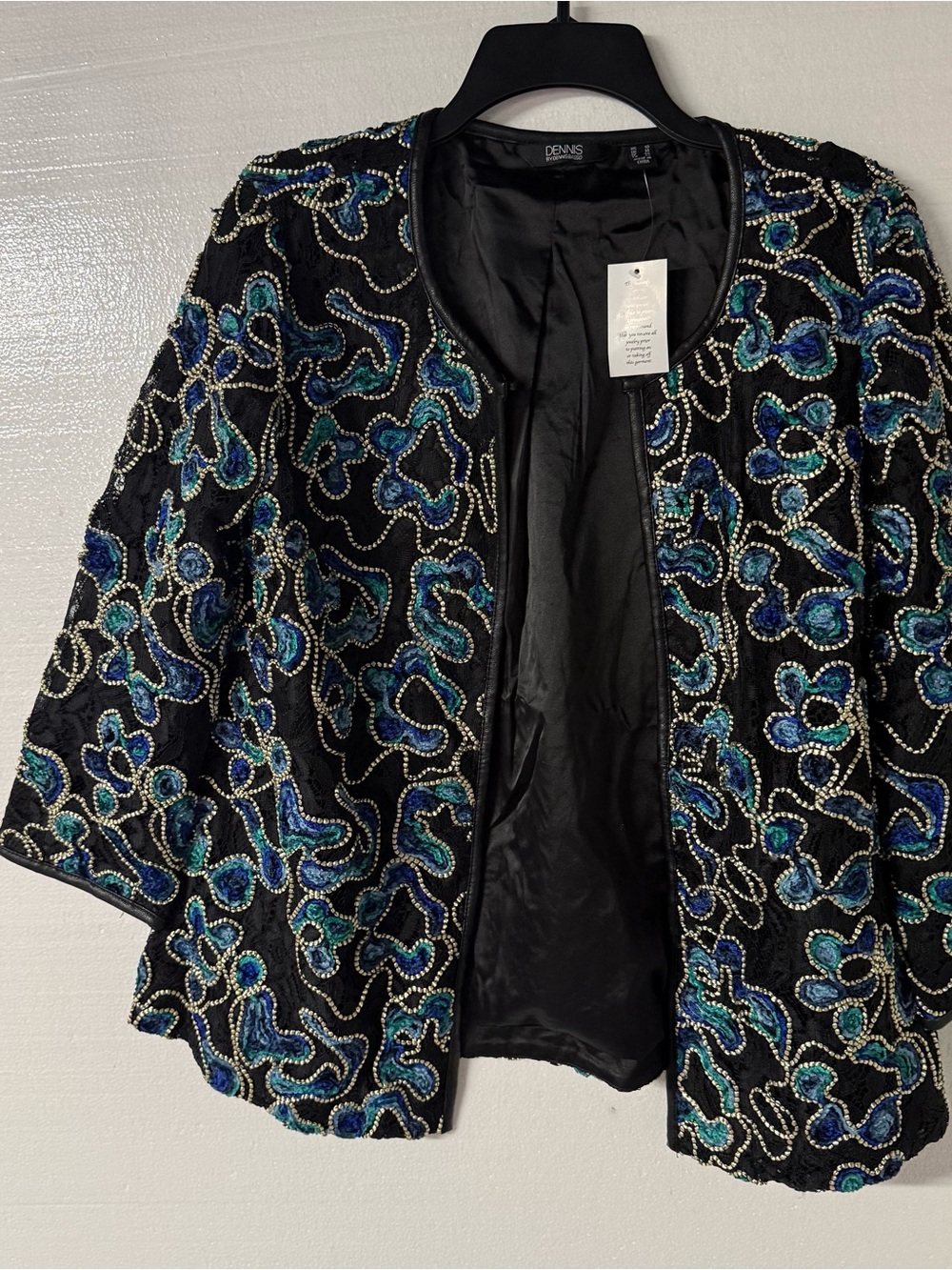 Dennis Basso Jacket 10 Black Teal 
Embroidered Soutache Lace Beaded Faux Leather